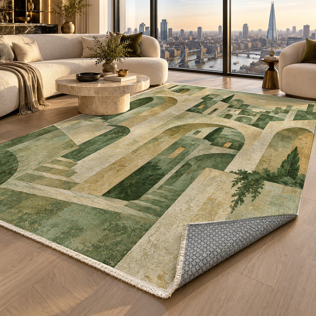 Old Town Arches Sage Modern Washable Rug — london luxury living
