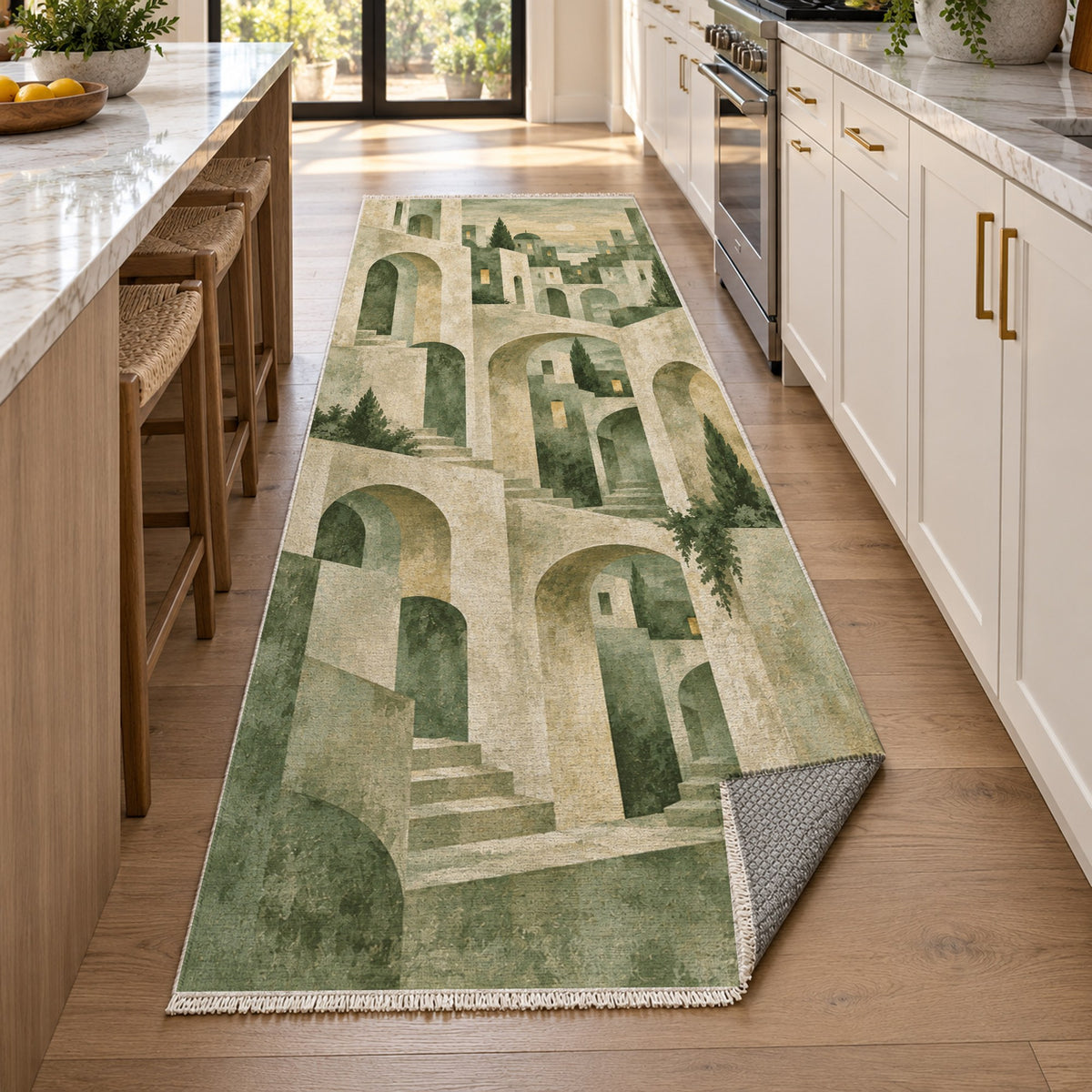 Old Town Arches Sage Modern Washable Rug — new york kitchen runner