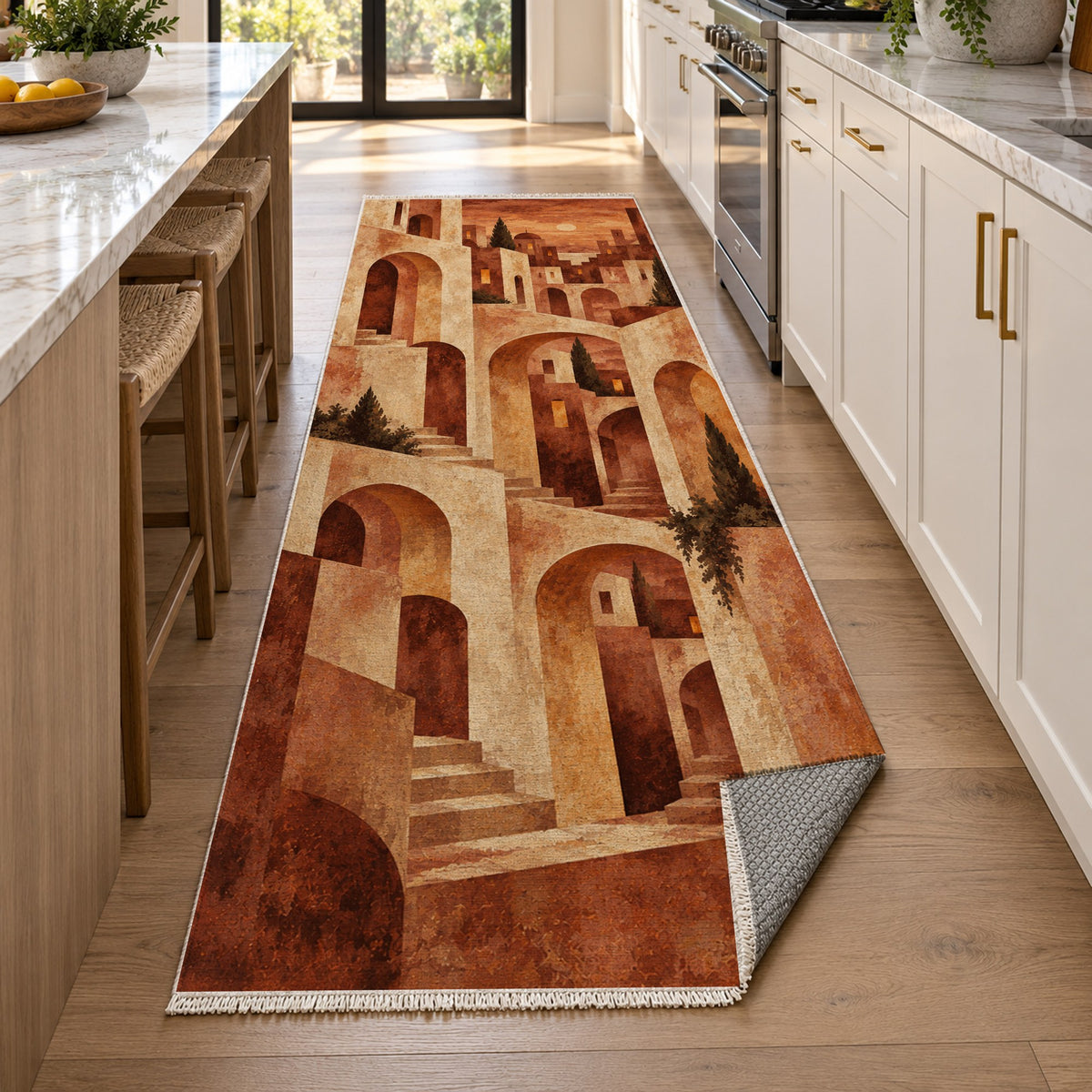 Old Town Arches Terracotta Modern Washable Rug — new york kitchen runner