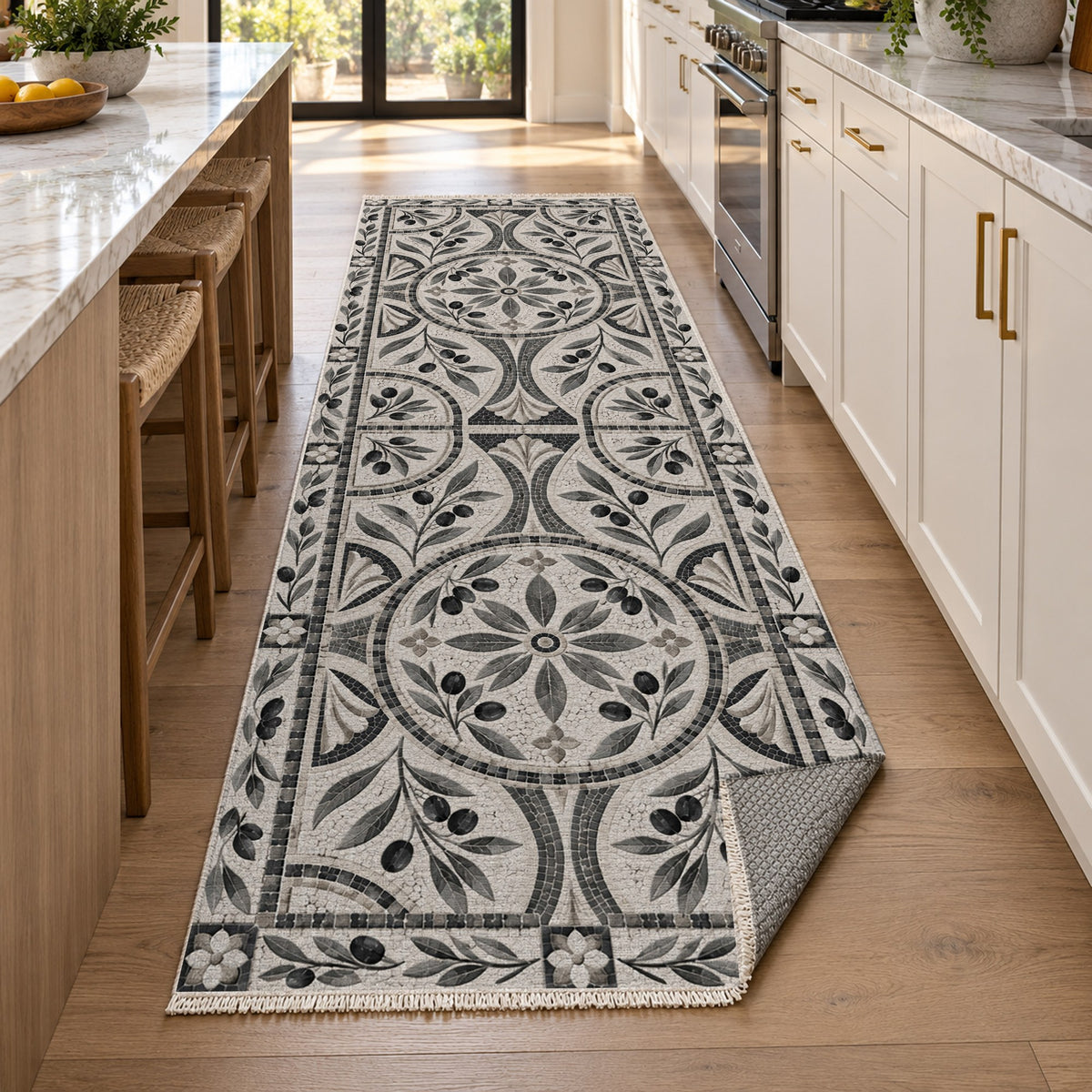 Olive Courtyard Charcoal Geometric Washable Rug — new york kitchen runner