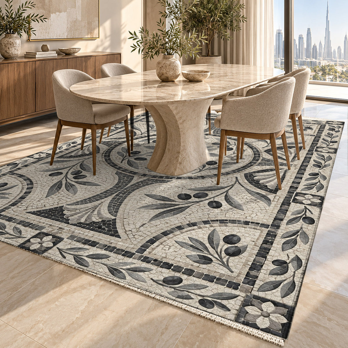 Olive Courtyard Charcoal Geometric Washable Rug — dubai dining