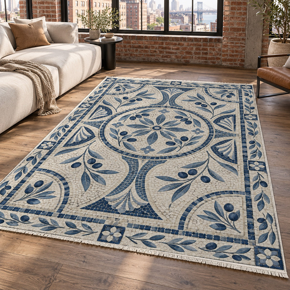 Olive Courtyard Indigo Geometric Washable Rug — new york living