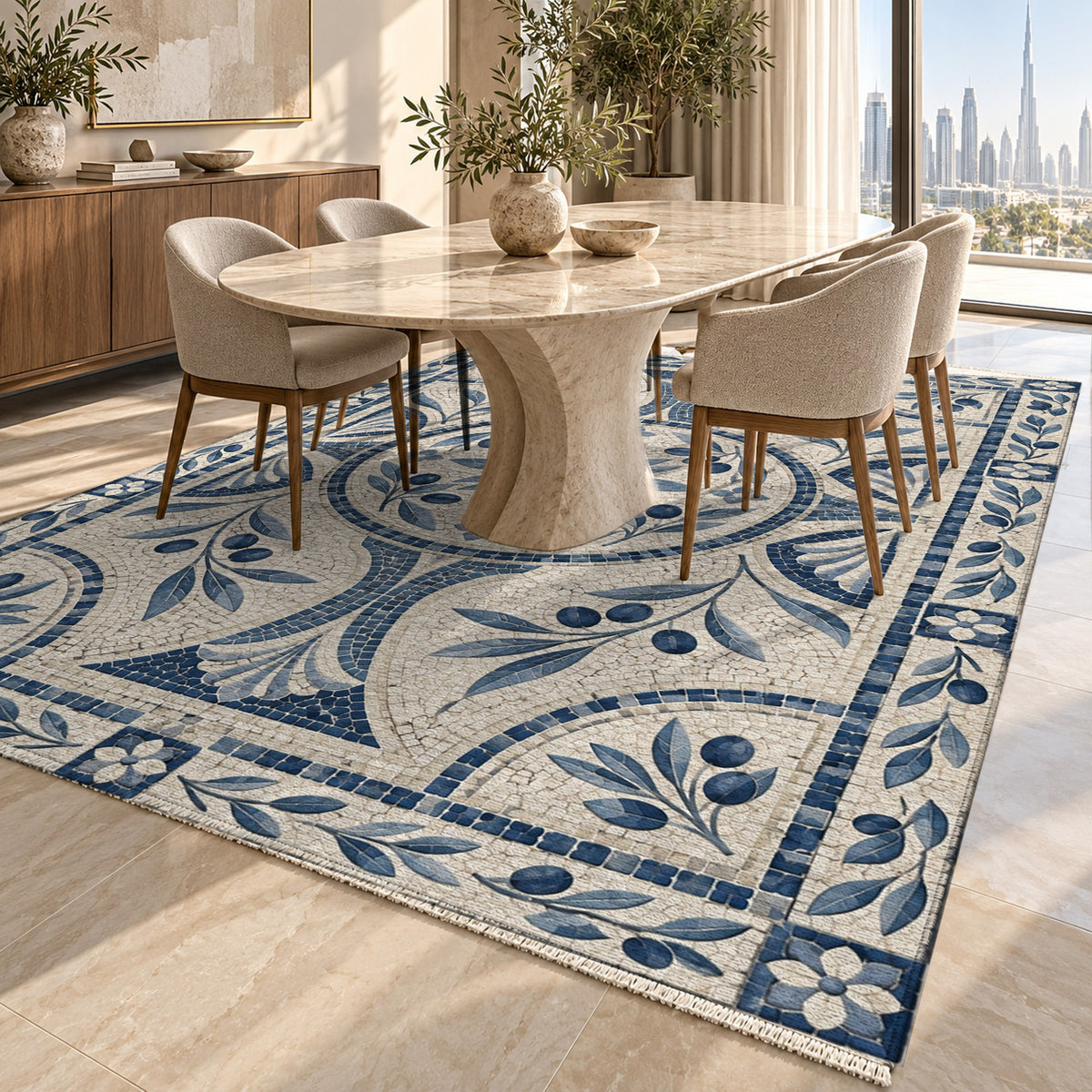 Olive Courtyard Indigo Geometric Washable Rug — dubai dining