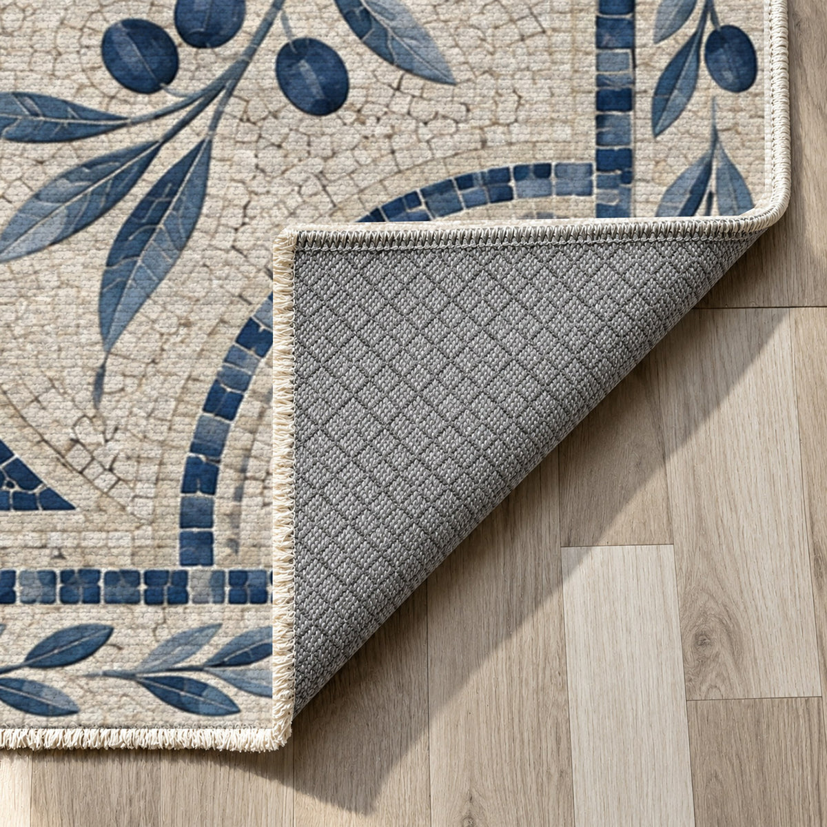 Olive Courtyard Indigo Geometric Washable Rug — backing close up