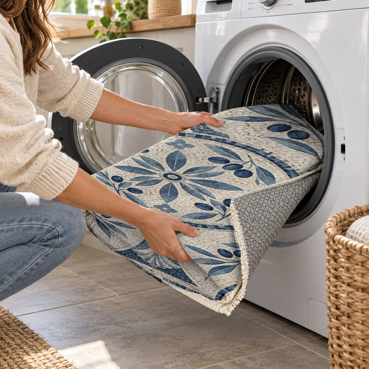 Olive Courtyard Indigo Geometric Washable Rug — washing machine