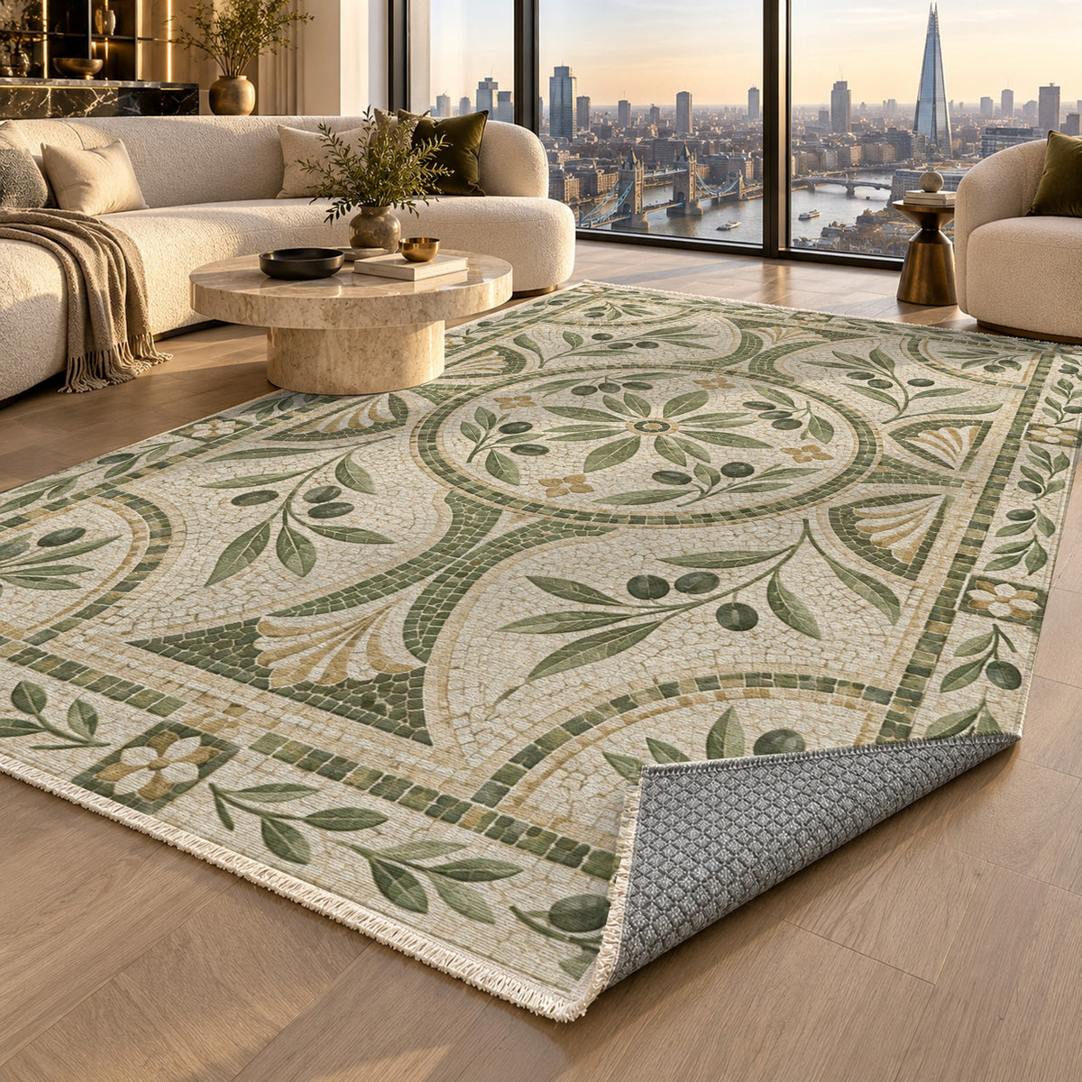 Olive Courtyard Sage Geometric Washable Rug — london luxury living