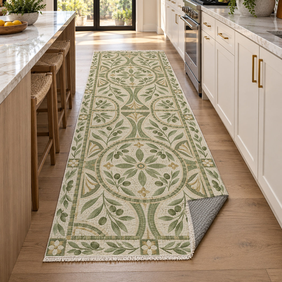 Olive Courtyard Sage Geometric Washable Rug — new york kitchen runner