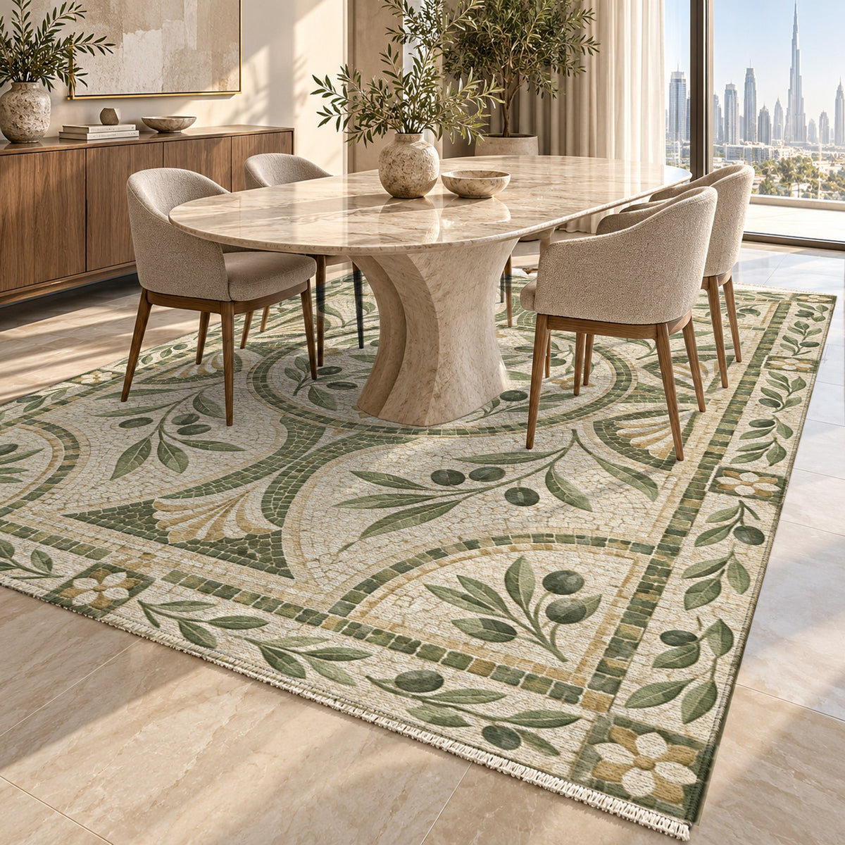 Olive Courtyard Sage Geometric Washable Rug — dubai dining