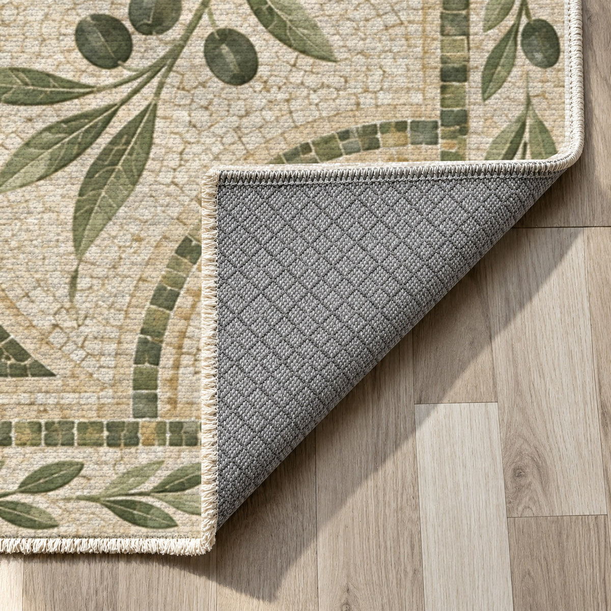 Olive Courtyard Sage Geometric Washable Rug — backing close up
