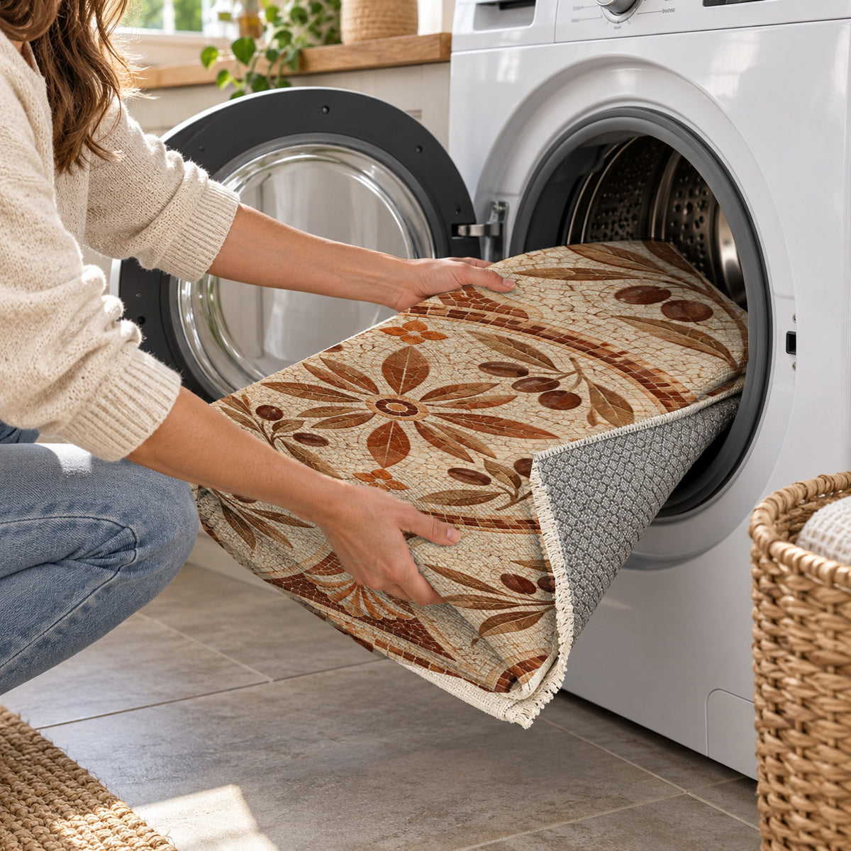 Olive Courtyard Terracotta Geometric Washable Rug — washing machine