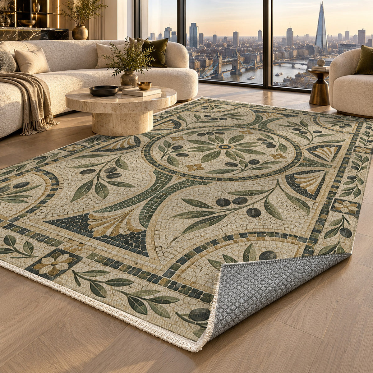 Olive Courtyard Geometric Washable Rug — london luxury living