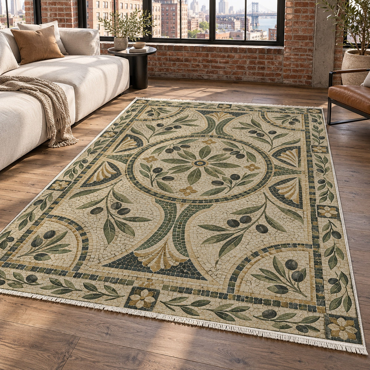Olive Courtyard Geometric Washable Rug — new york living