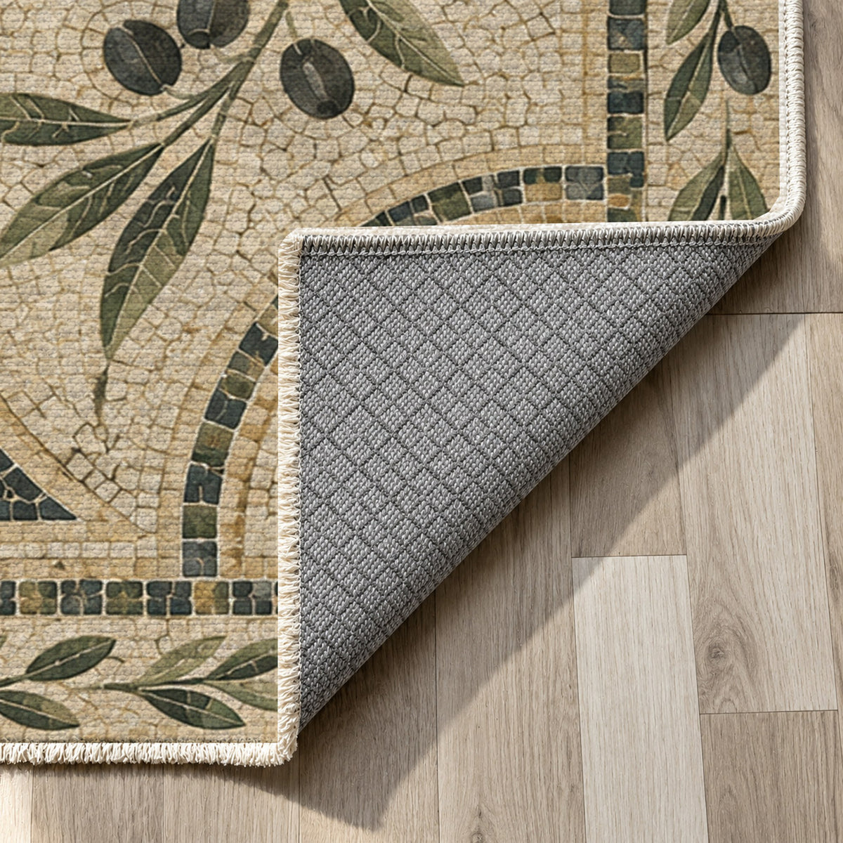 Olive Courtyard Geometric Washable Rug — backing close up
