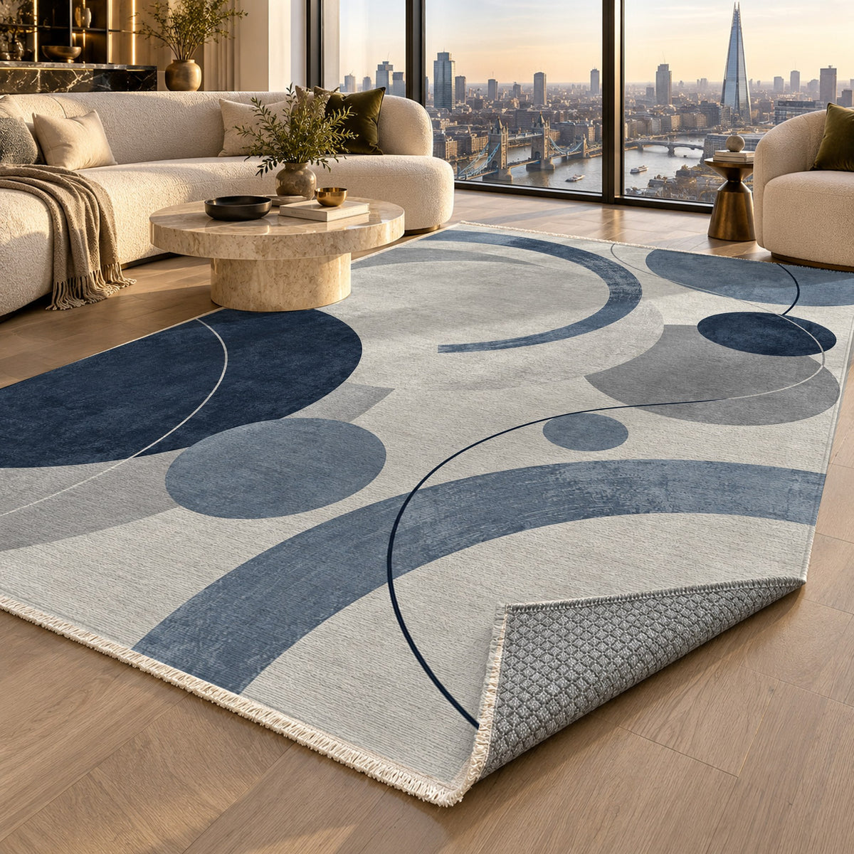 Orbit Rhythm Blue Grey Modern Washable Rug — london luxury living