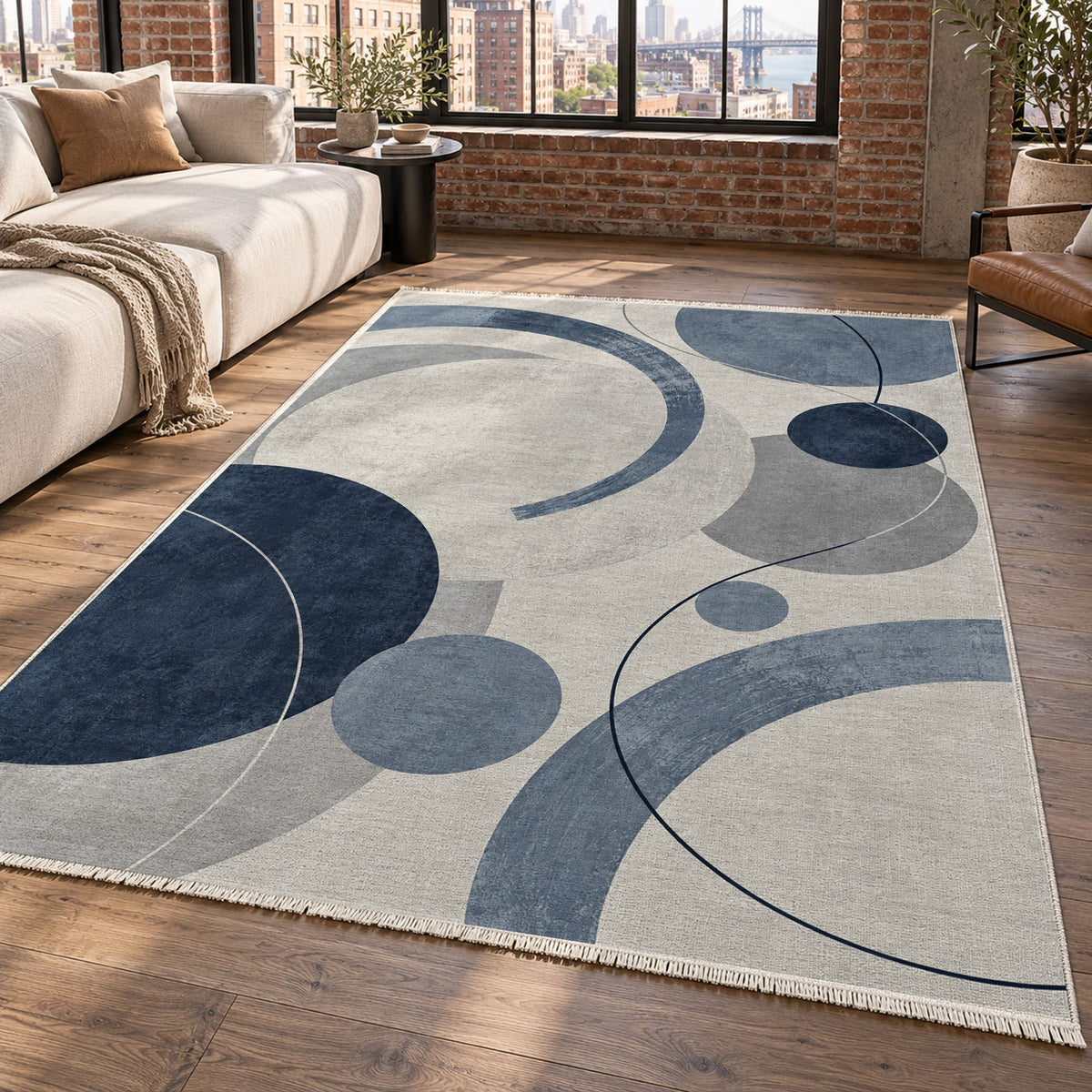 Orbit Rhythm Blue Grey Modern Washable Rug — new york living