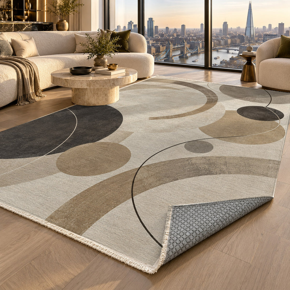 Orbit Rhythm Ivory Taupe Modern Washable Rug — london luxury living