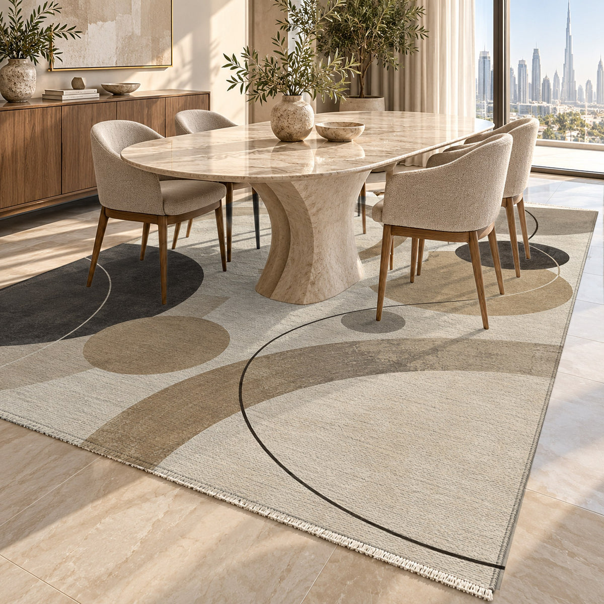 Orbit Rhythm Ivory Taupe Modern Washable Rug — dubai dining