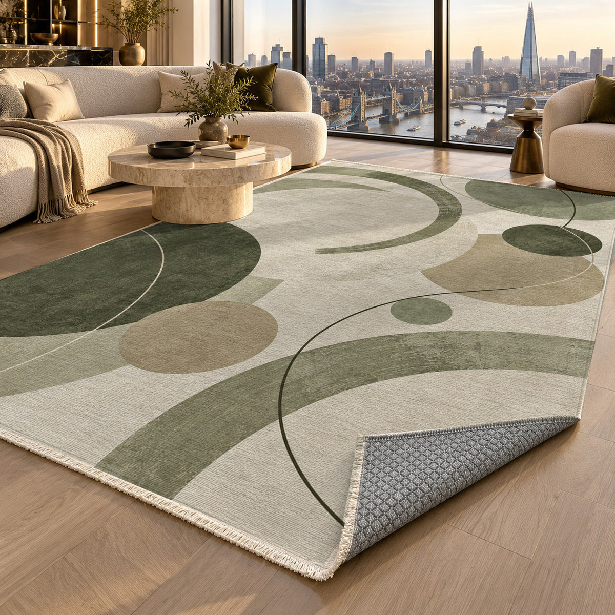 Orbit Rhythm Sage Sand Modern Washable Rug — london luxury living