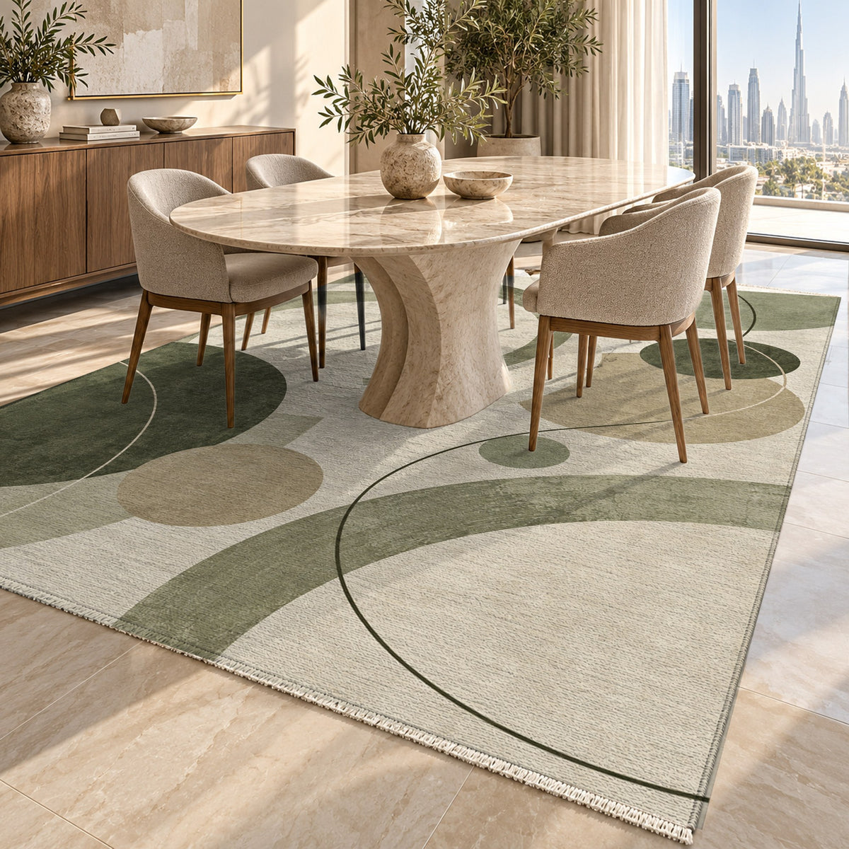 Orbit Rhythm Sage Sand Modern Washable Rug — dubai dining