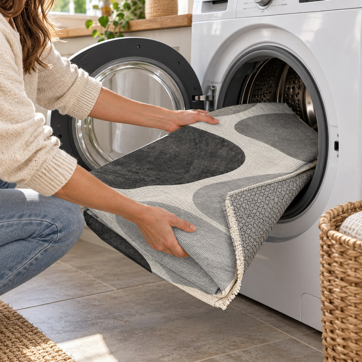Organic Islands Charcoal Ivory Modern Washable Rug — washing machine