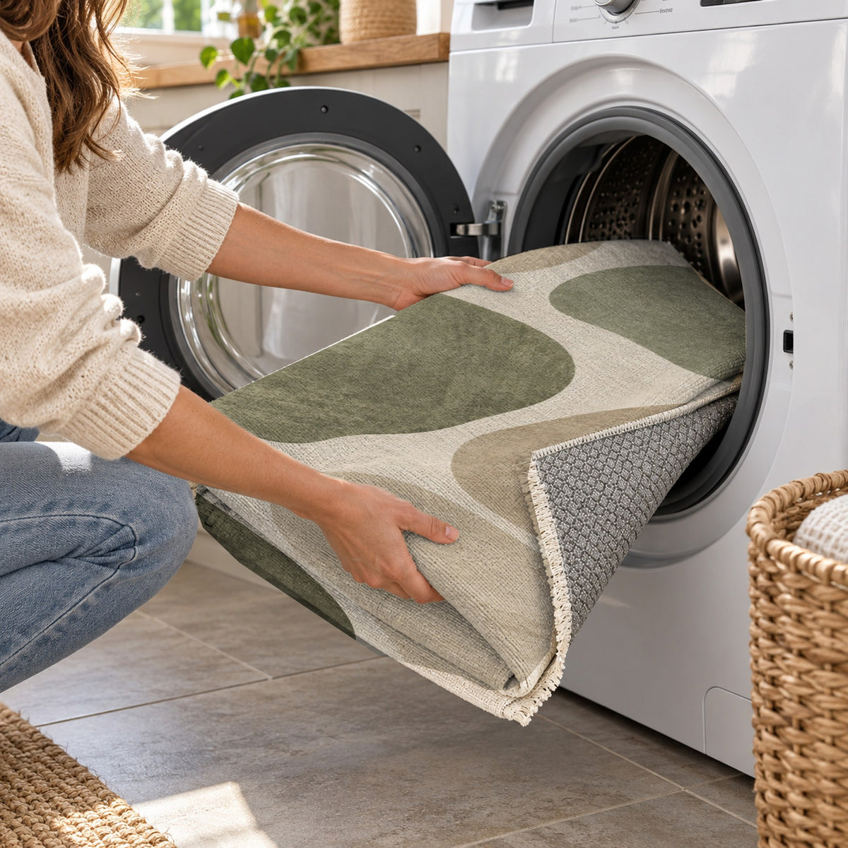 Organic Islands Sage Sand Modern Washable Rug — washing machine
