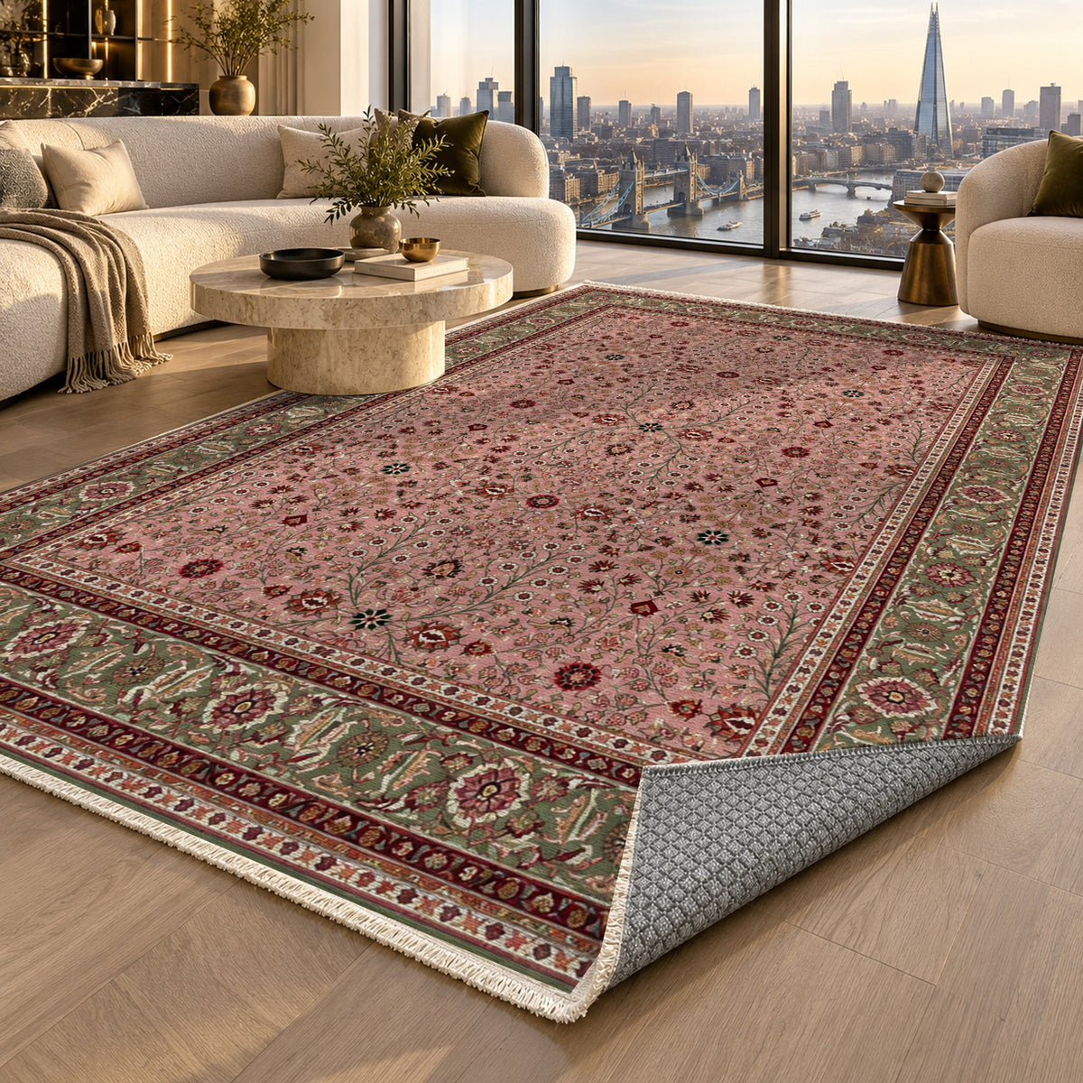 Ornamental Floral Blush Sage Classic Washable Rug — london luxury living