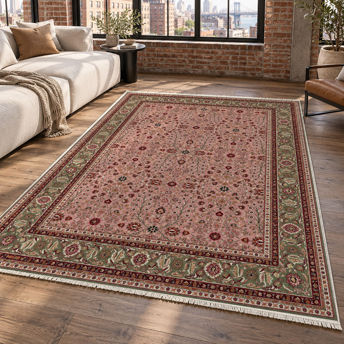 Ornamental Floral Blush Sage Classic Washable Rug — new york living