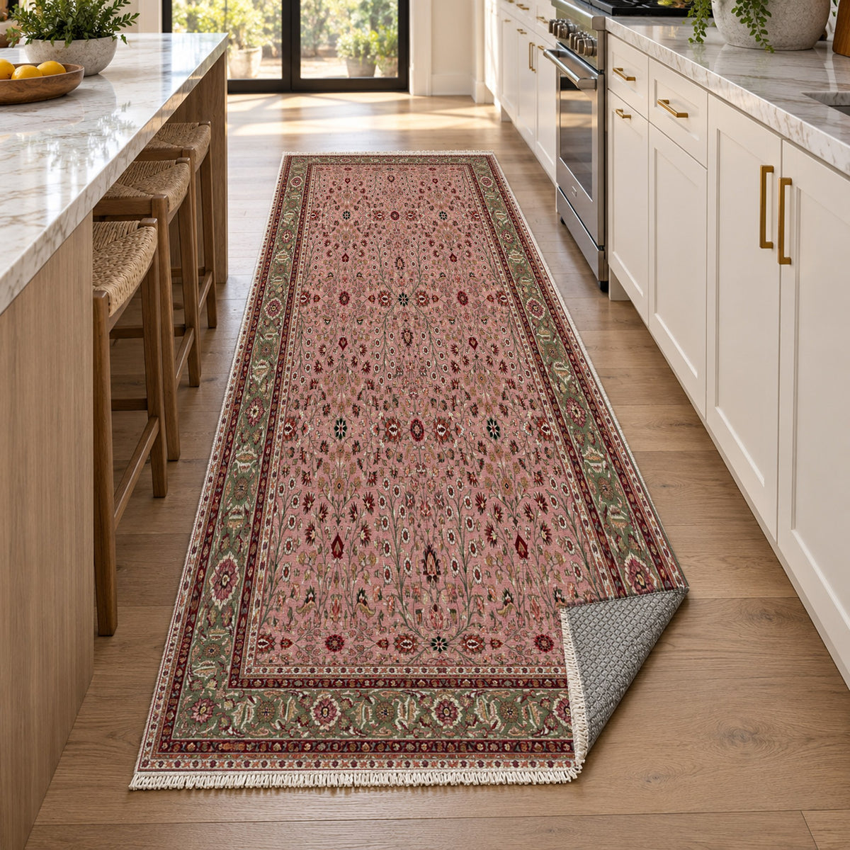 Ornamental Floral Blush Sage Classic Washable Rug — new york kitchen runner