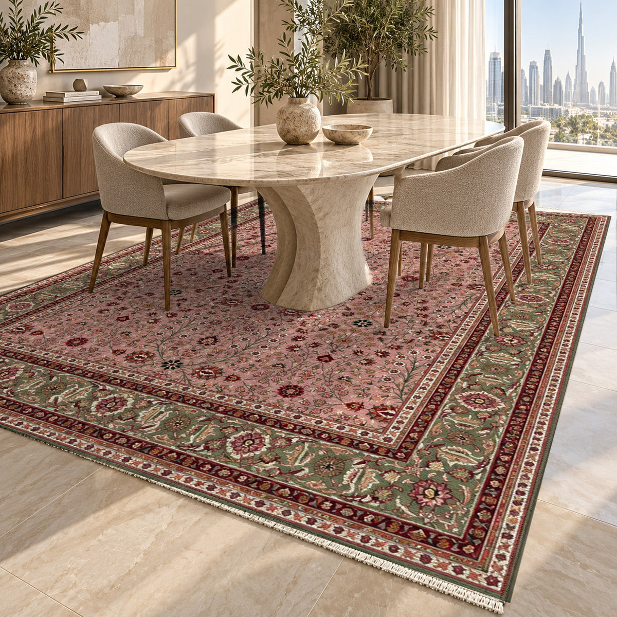 Ornamental Floral Blush Sage Classic Washable Rug — dubai dining