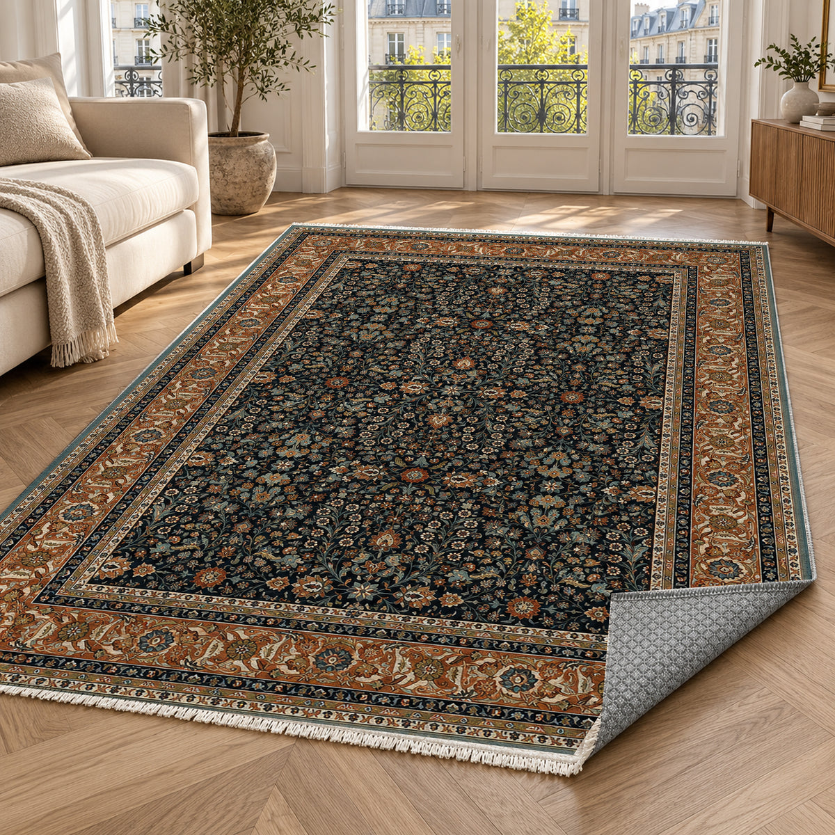 Ornamental Floral Charcoal Copper Classic Washable Rug — paris living