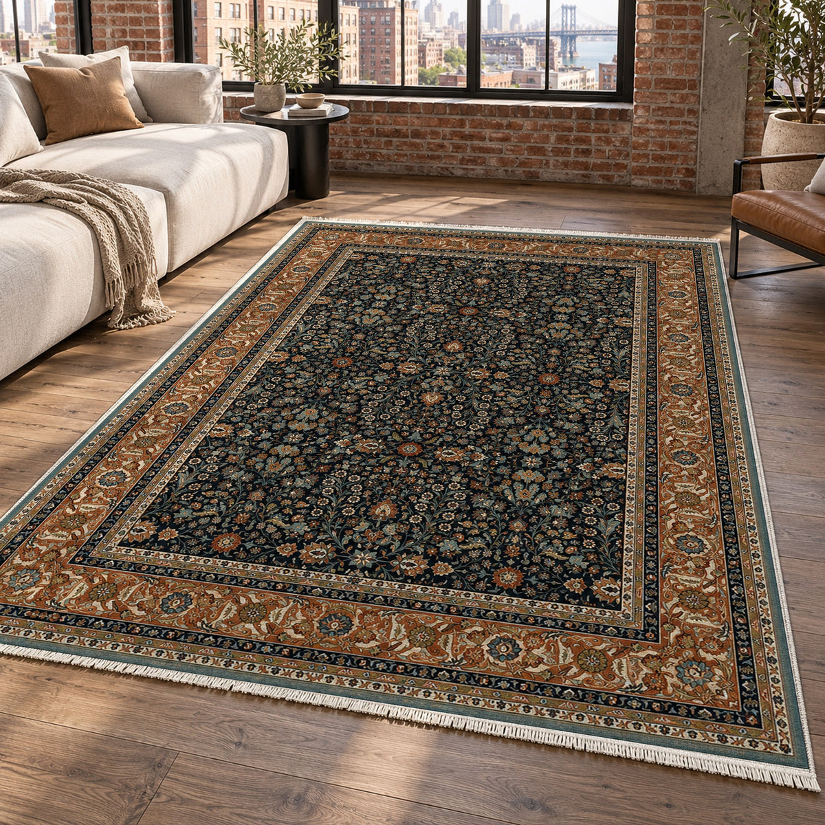 Ornamental Floral Charcoal Copper Classic Washable Rug — new york living