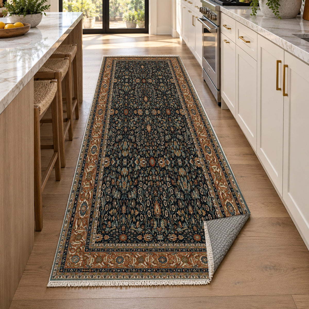 Ornamental Floral Charcoal Copper Classic Washable Rug — new york kitchen runner