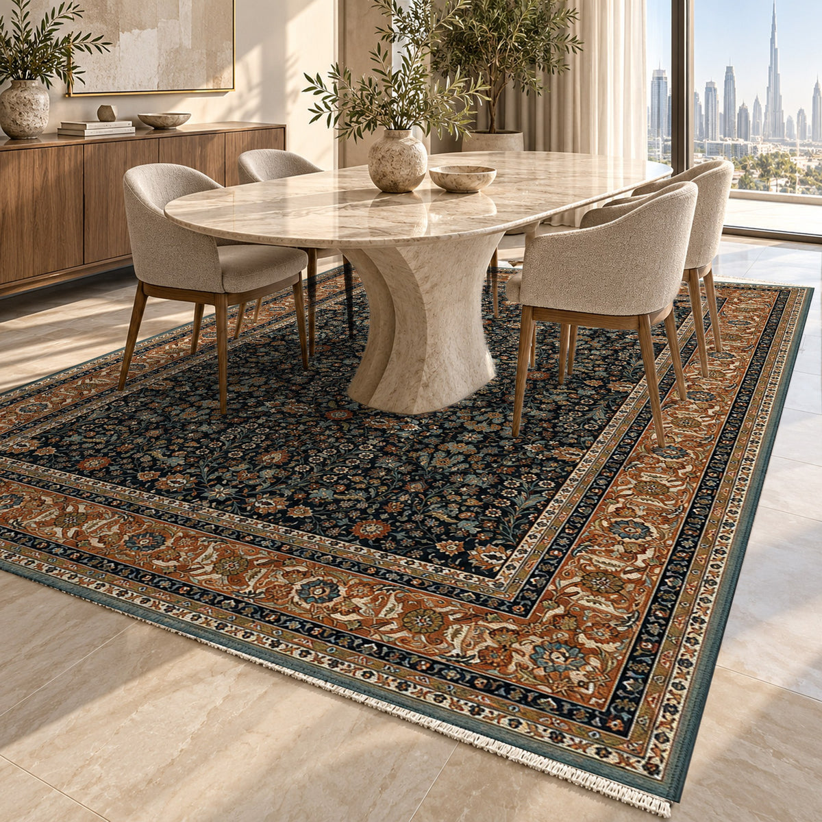 Ornamental Floral Charcoal Copper Classic Washable Rug — dubai dining