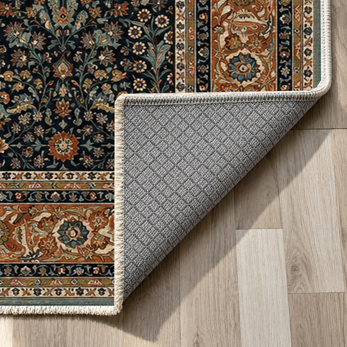 Ornamental Floral Charcoal Copper Classic Washable Rug — backing close up
