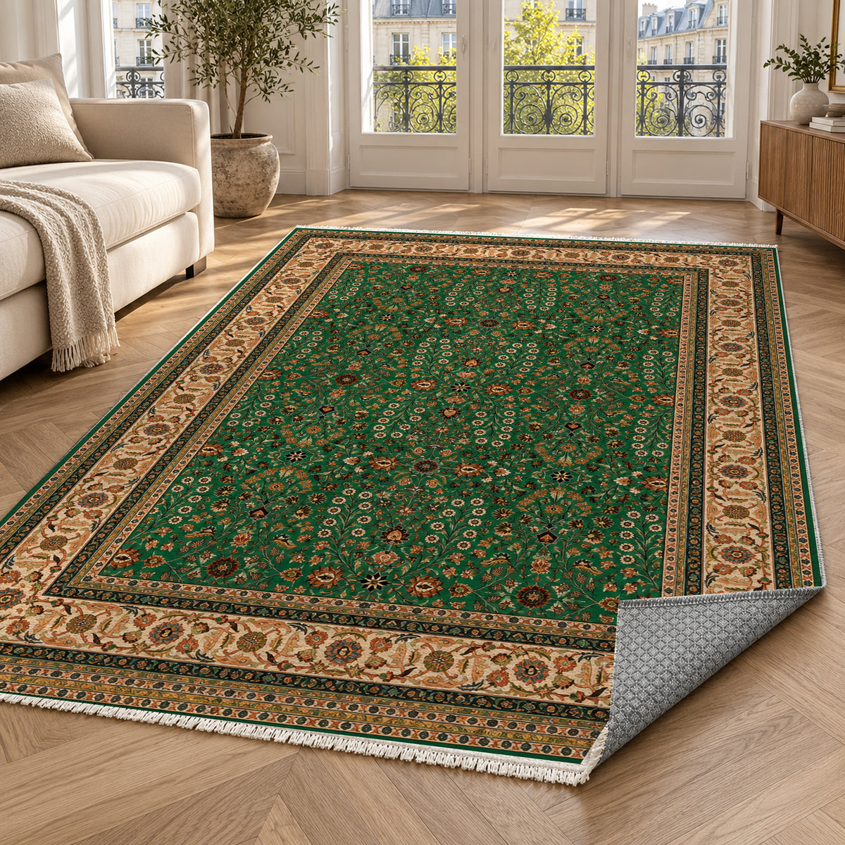 Ornamental Floral Emerald Sand Classic Washable Rug — paris living