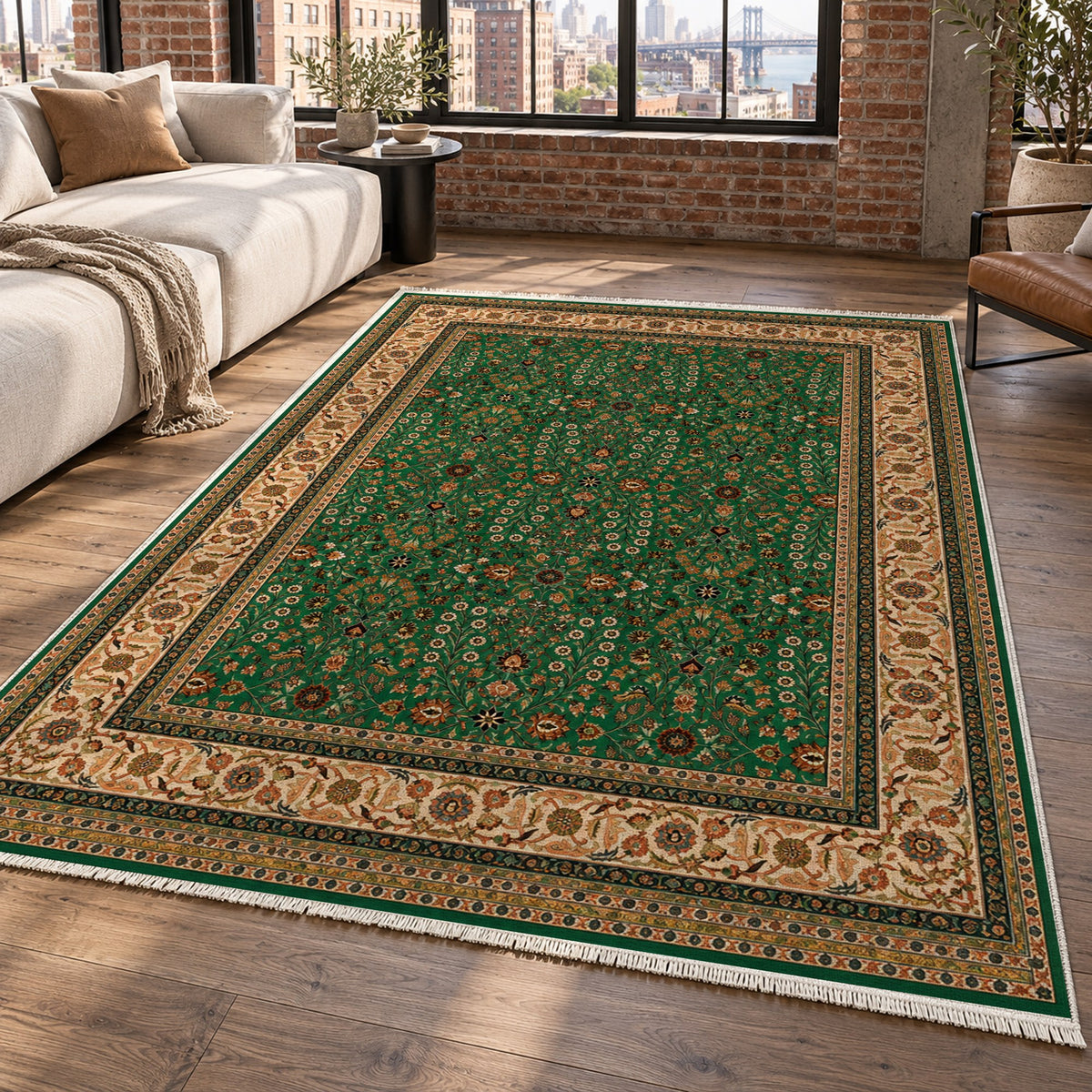 Ornamental Floral Emerald Sand Classic Washable Rug — new york living