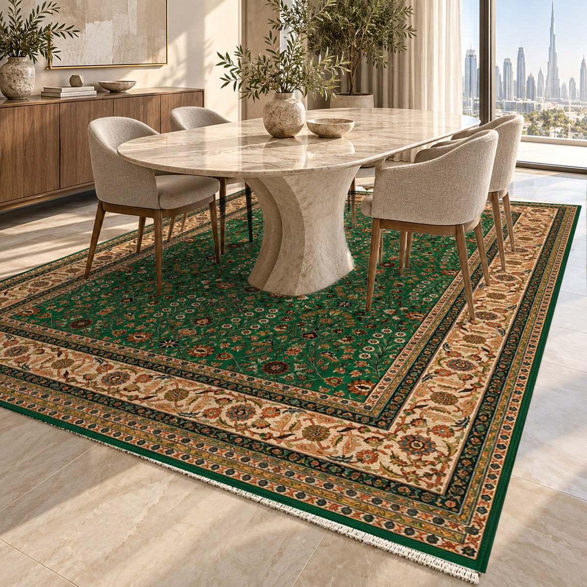 Ornamental Floral Emerald Sand Classic Washable Rug — dubai dining