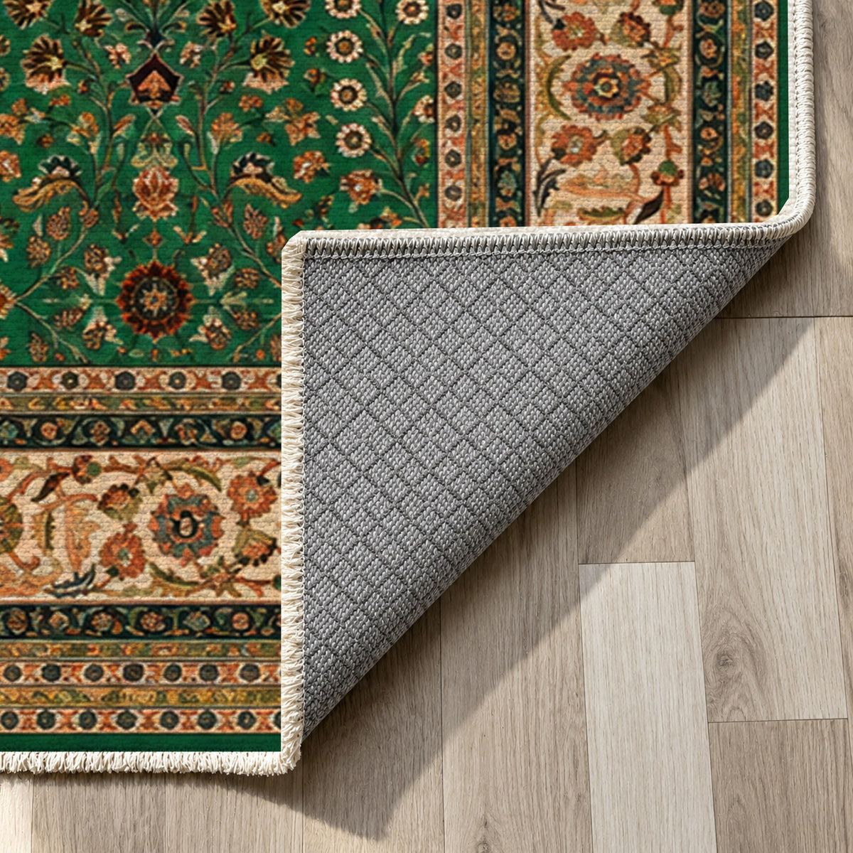 Ornamental Floral Emerald Sand Classic Washable Rug — backing close up