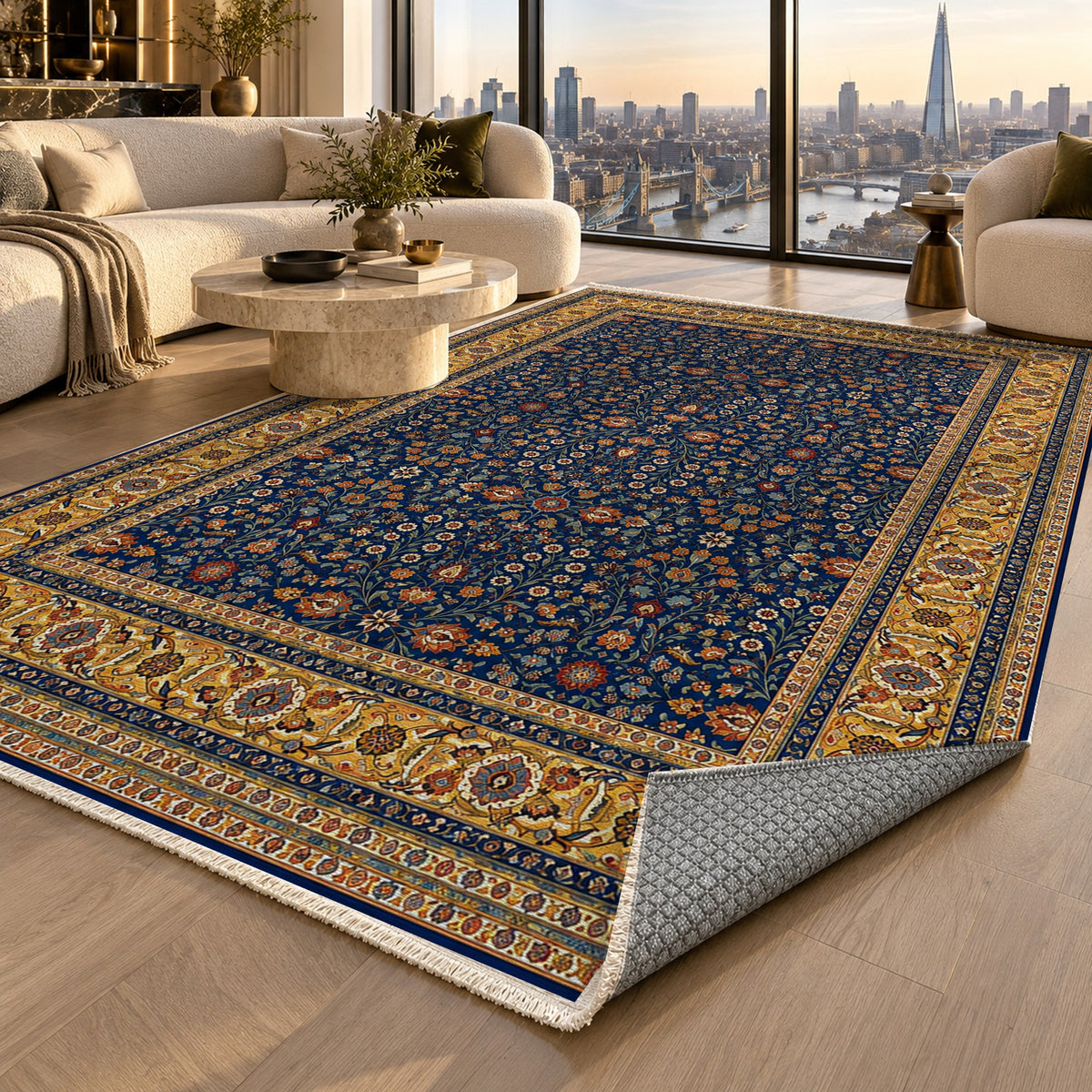 Ornamental Floral Indigo Saffron Classic Washable Rug — london luxury living