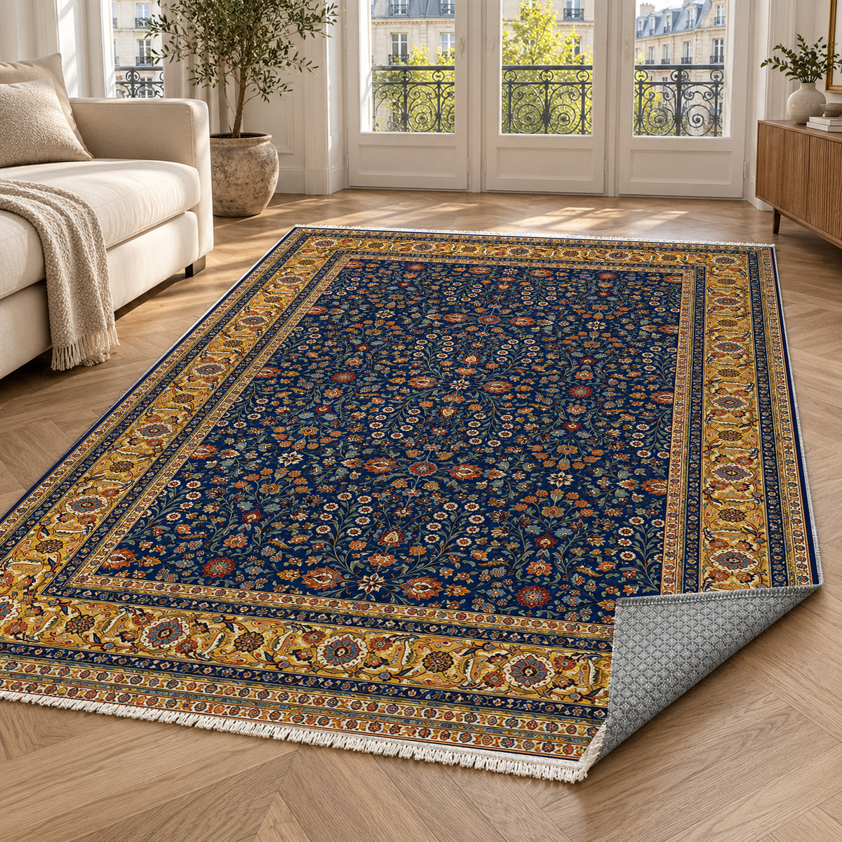 Ornamental Floral Indigo Saffron Classic Washable Rug — paris living