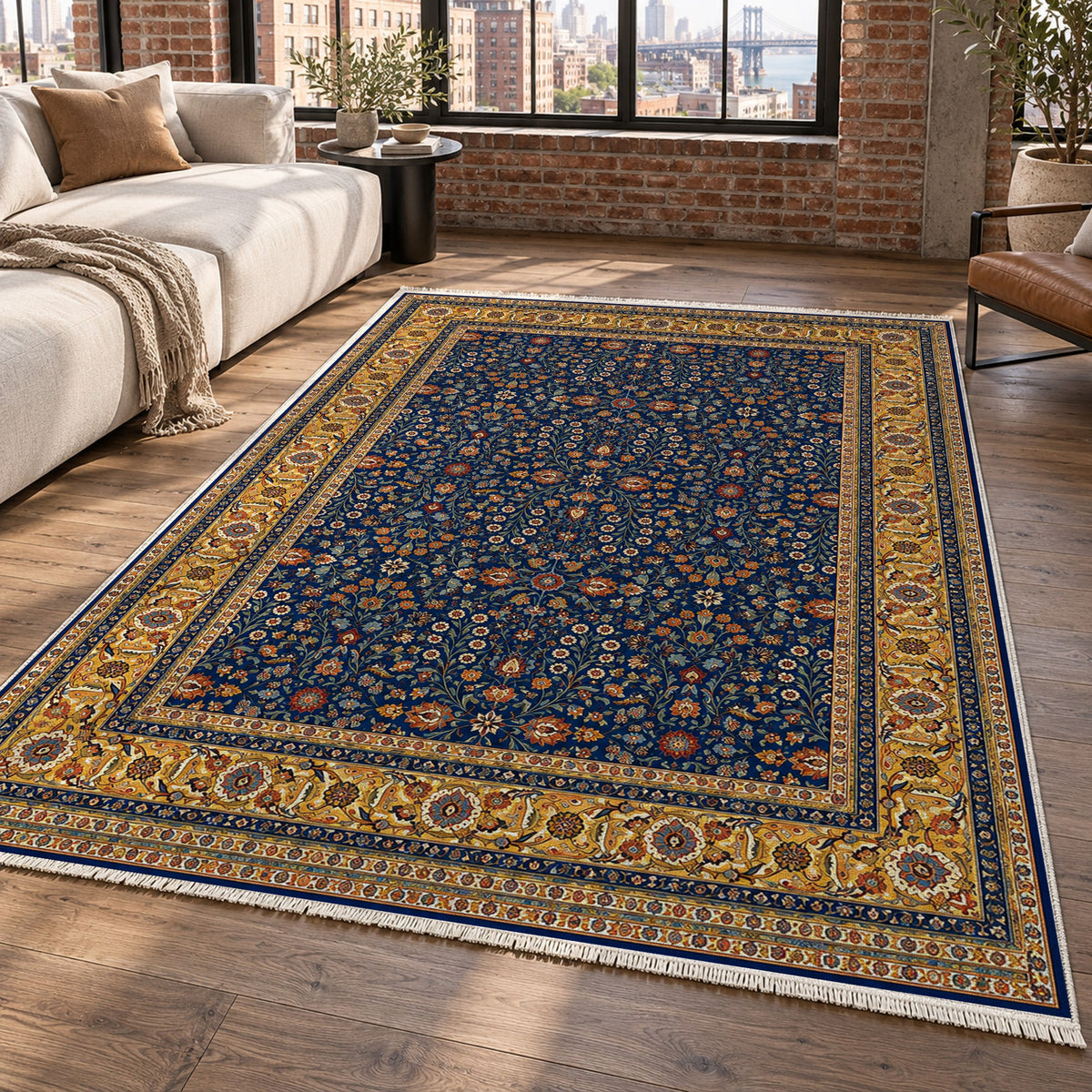 Ornamental Floral Indigo Saffron Classic Washable Rug — new york living