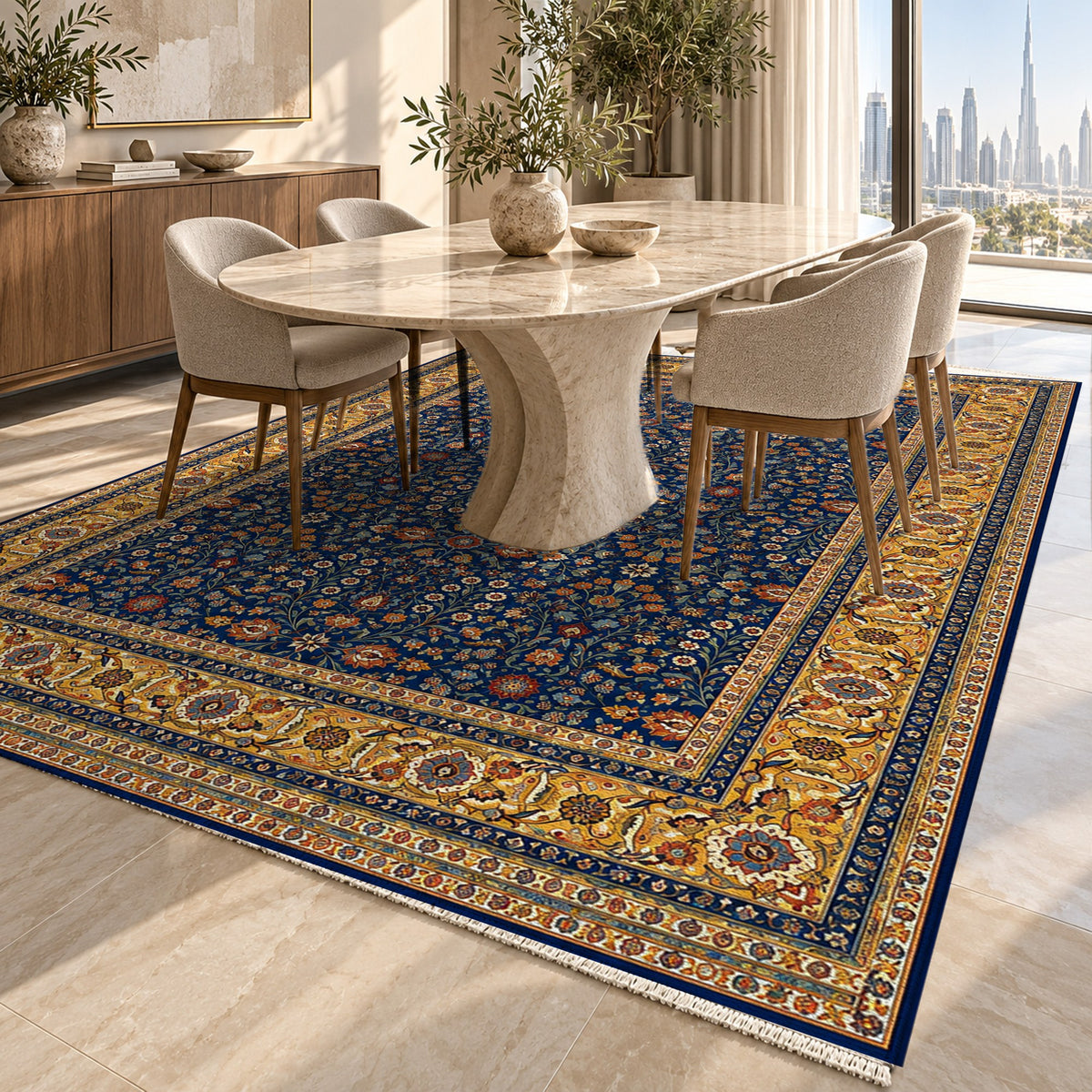 Ornamental Floral Indigo Saffron Classic Washable Rug — dubai dining