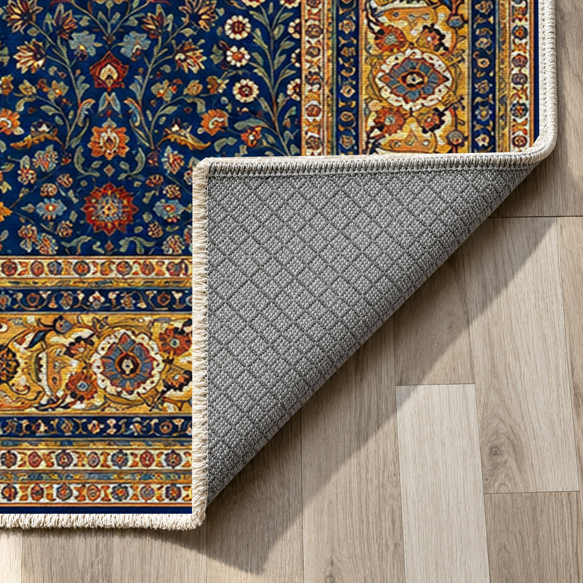 Ornamental Floral Indigo Saffron Classic Washable Rug — backing close up