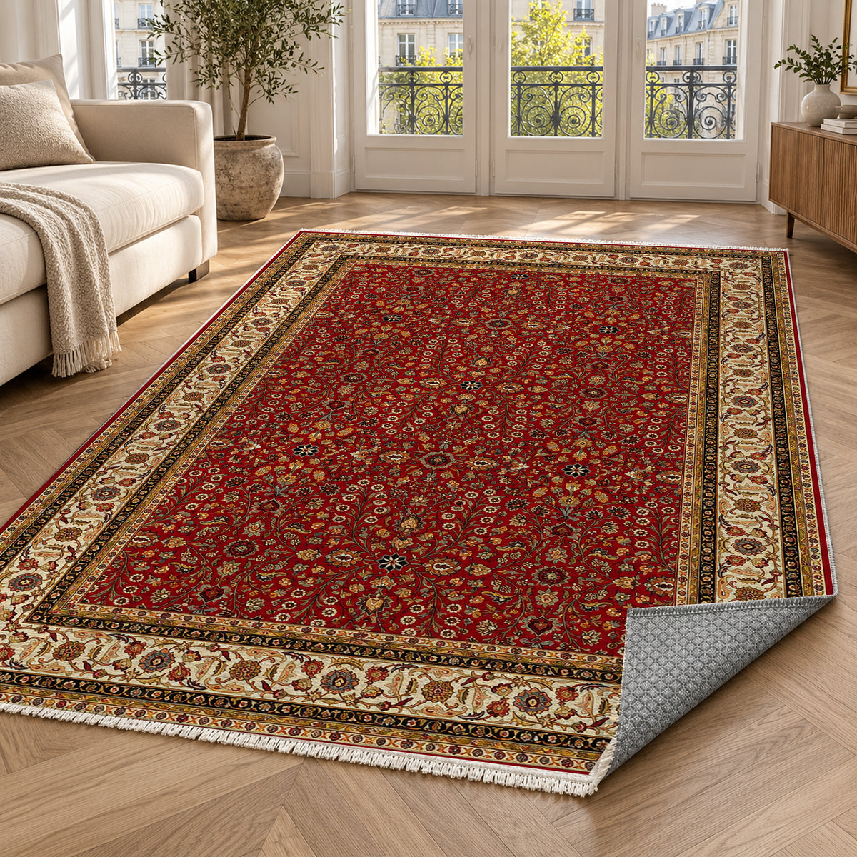 Ornamental Floral Ruby Ivory Classic Washable Rug — paris living