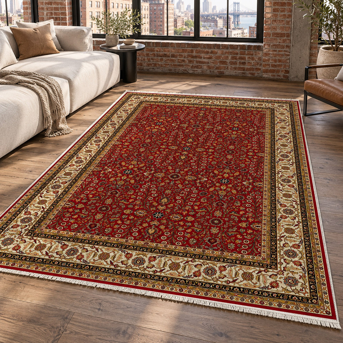 Ornamental Floral Ruby Ivory Classic Washable Rug — new york living