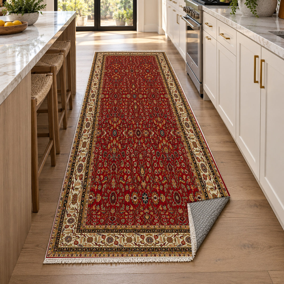 Ornamental Floral Ruby Ivory Classic Washable Rug — new york kitchen runner