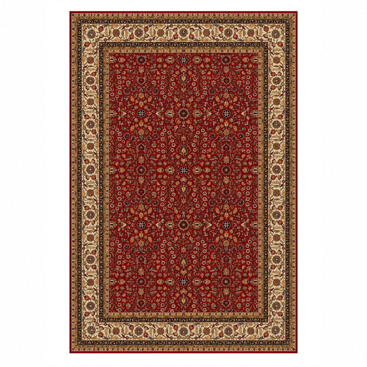 Ornamental Floral Ruby Ivory Classic Washable Rug — top view