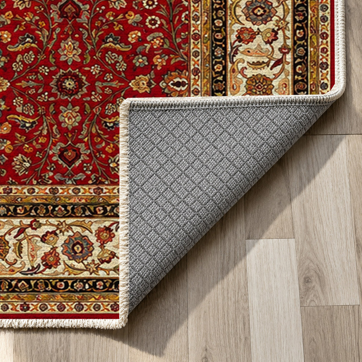 Ornamental Floral Ruby Ivory Classic Washable Rug — backing close up