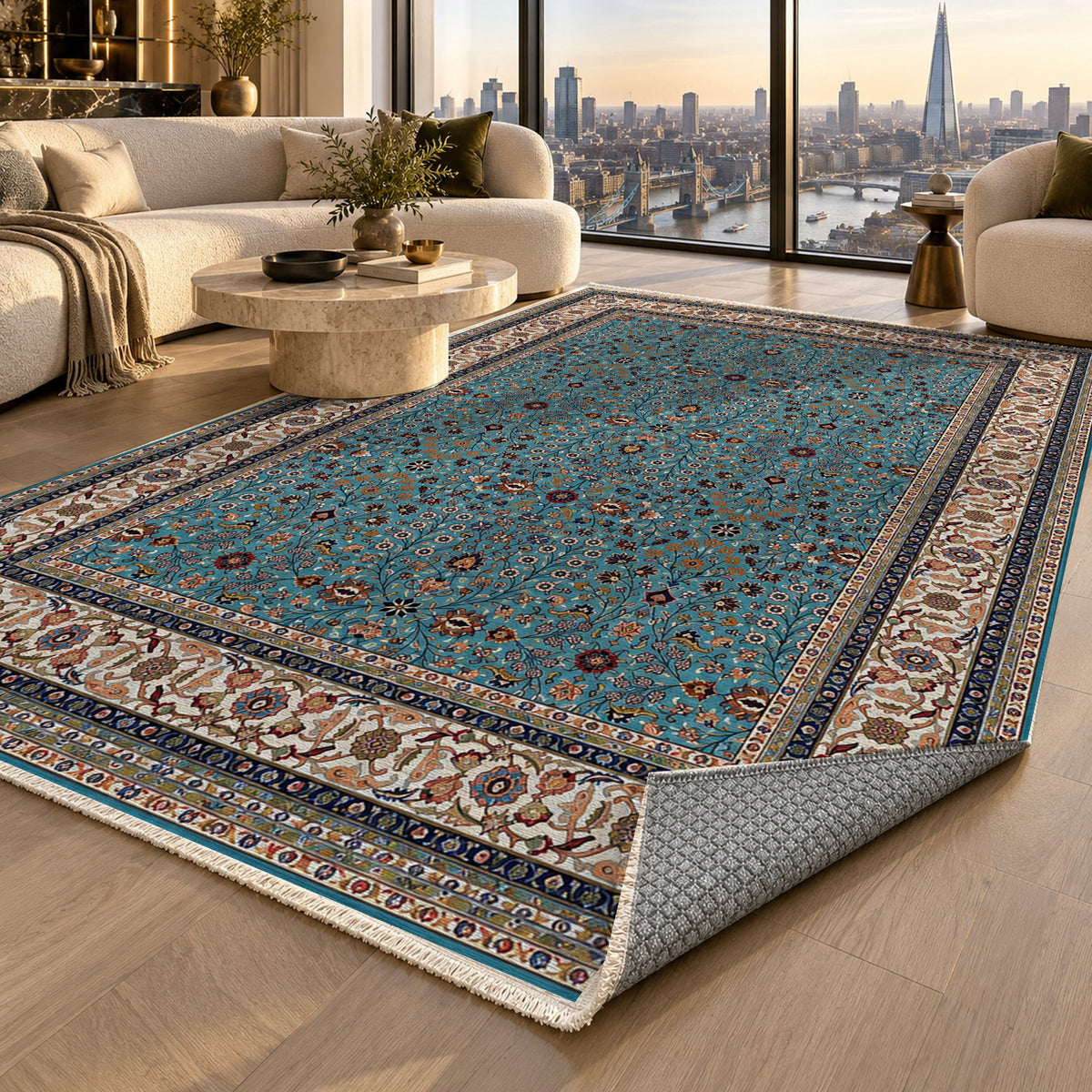 Ornamental Floral Teal Ivory Classic Washable Rug — london luxury living