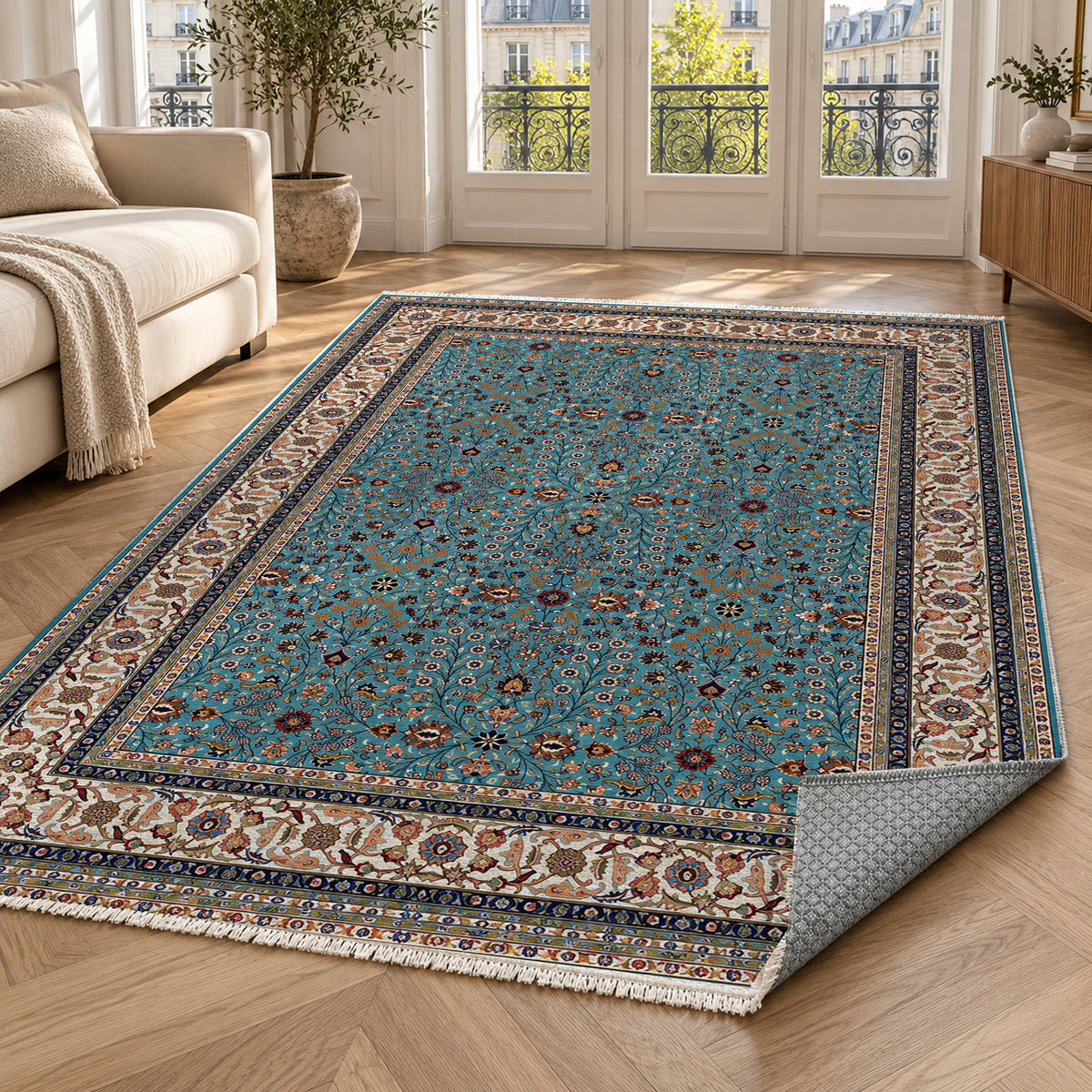 Ornamental Floral Teal Ivory Classic Washable Rug — paris living